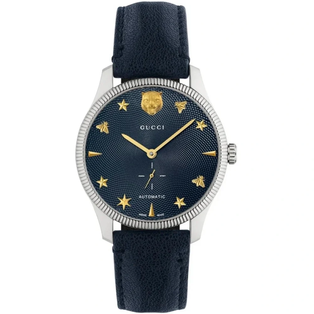 $3950 Gucci G-Timeless 40mm Charm Dial Automatic Watch, Deep Navy Blue